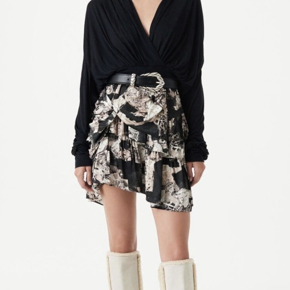 IRO Nila Mini Skirt Ruffle Tiered Asymmetric Black Beige Sz 38 US M